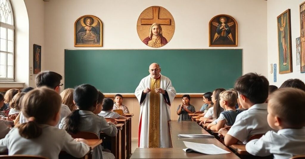 Klasa szkolna z tradycyjnymi wartościami katolickimi - katecheza z kapłanem w ornaty