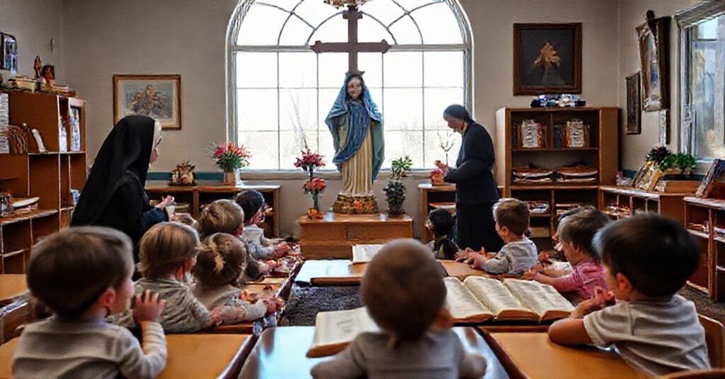 Klasa przedszkolna katolicka w Denver z dziećmi modlącymi się przed statuą Matki Boskiej pod okiem nauczycielki i siostry zakonnej