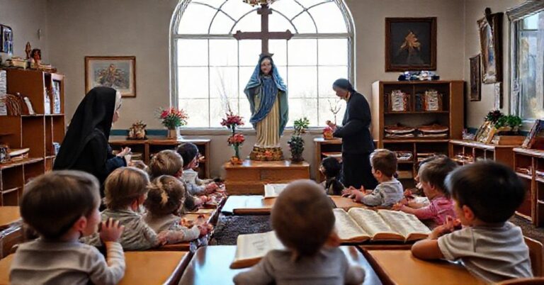 Klasa przedszkolna katolicka w Denver z dziećmi modlącymi się przed statuą Matki Boskiej pod okiem nauczycielki i siostry zakonnej