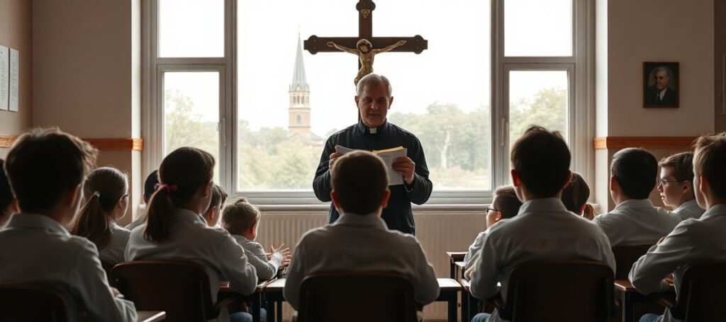 Tradycyjna klasa szkolna z krzyżem i Biblią - wychowanie w prawdzie katolickiej