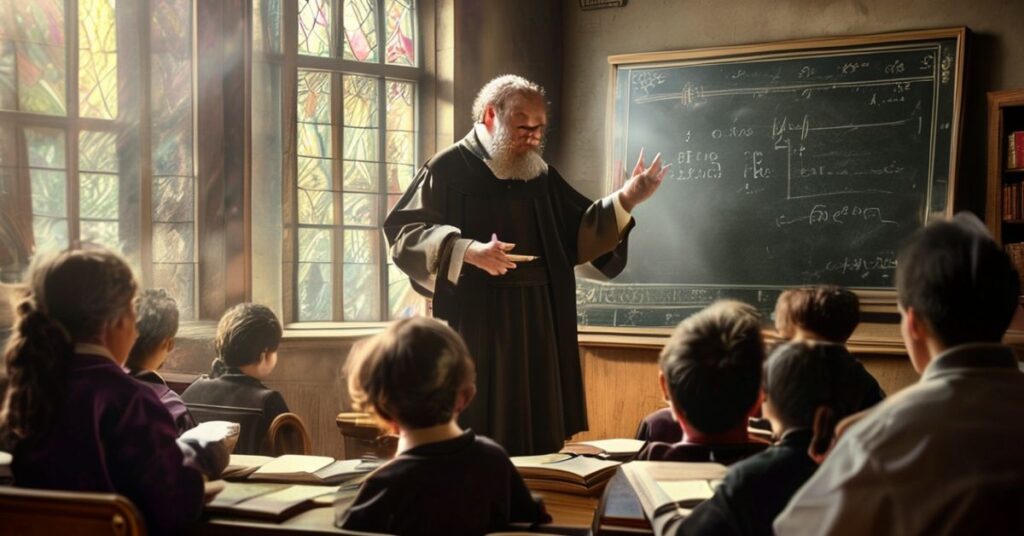 Tradycyjna sala lekcyjna z katolickim nauczycielem w sutannie uczącym klasycznej edukacji językowej, otoczona sztuką religijną i starymi książkami.