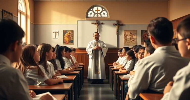 Scena klasztorna z uczniami w tradycyjnych strojach katolickich, kapłanem trzymającym krucyfiks, w duchu tradycyjnej i pełnej szacunku nauki katolickiej.