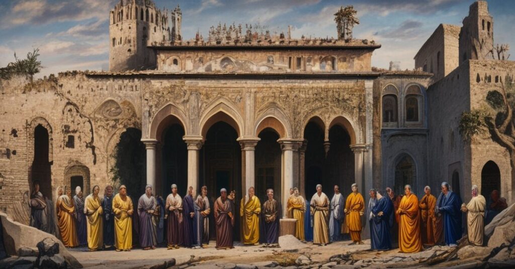 Zniszczony klasztor bizantyjski w Al-Deir z grupą mnichów w schematyckim stroju, symbolizujący schizmę wschodnią i odrzucenie prawowiernej wiary