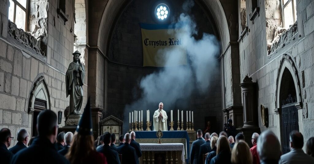 400-letni klasztor Bernardynów we Lwowie po rosyjskim nalocie w 2026 roku - Tradycyjna Msza Święta w trydenckim obrzędzie wśród zrujnowanych ścian.