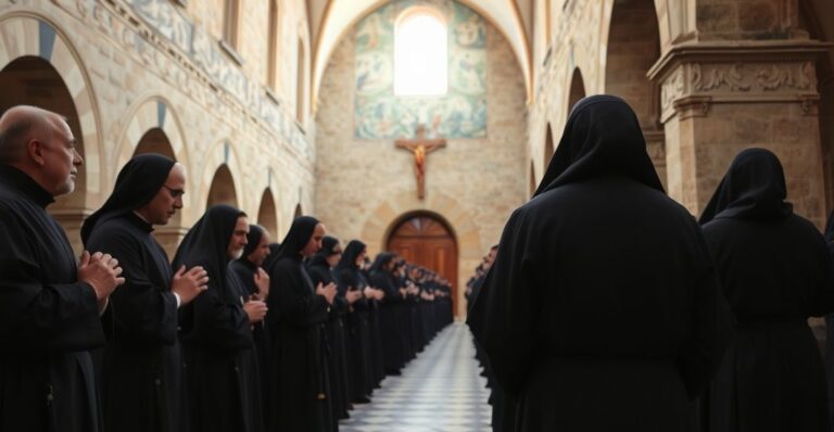 Szczera i pełna szacunku fotografia tradycyjnego katolickiego klasztoru we Francji z zakonnikami w modlitwie, odzwierciedlająca kryzys wiary i odejście od prawdziwego nauczania Kościoła