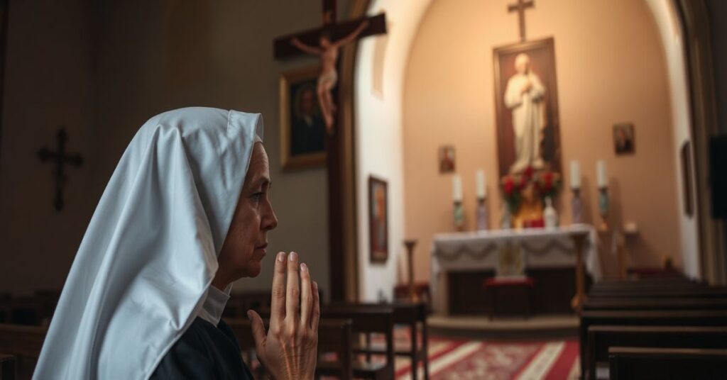 Tradycyjna zakonnica w klasztorze modli się przed krzyżem, tło przedstawia modernistyczny kościół z ekumenicznymi symbolami.