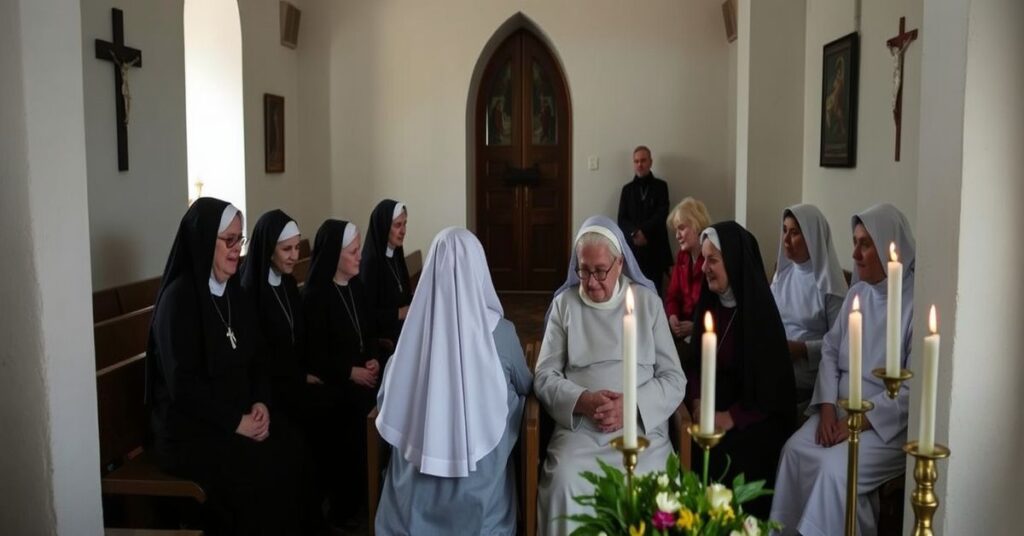 Obraz przedstawiający klasztor nazaretanek w Warszawie z rodzicami zakonnic odwiedzającymi ich w habitu podczas wspólnej modlitwy. Scena podkreśla konflikt między życiem zakonnego oddania a modernistycznym zanegowaniem klauzury.