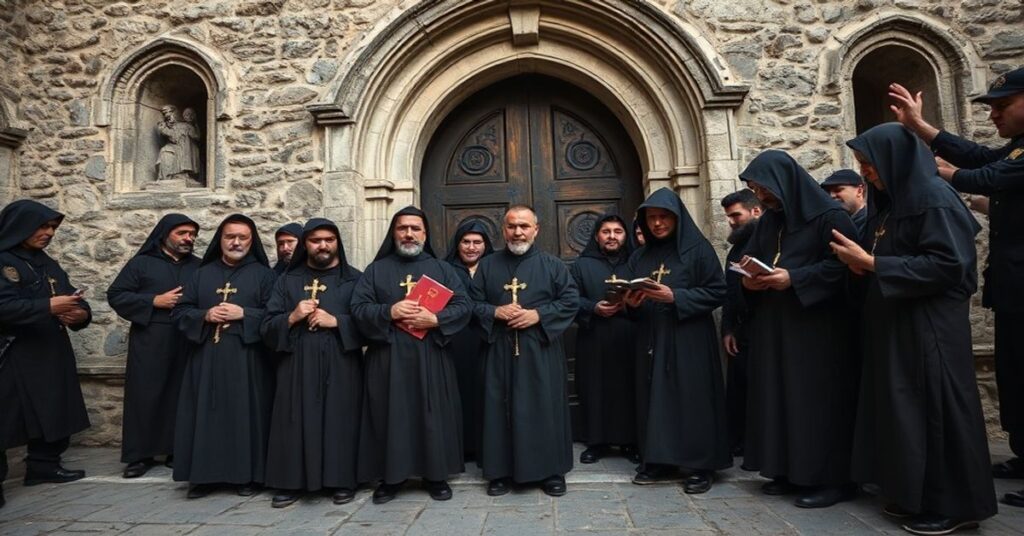 Monachowie norbertani w Oradei stoją przed klasztorem podczas prób wywłaszczenia przez władze miejskie