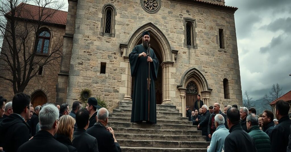 Scena przedstawiająca klasztor norbertanów w Oradei w Rumunii podczas próby eksmisji przez siły masońskie. Tłum wiernych otacza rzekomego opata Rudolfa Anzelma Fejesa stającego na schodach klasztoru.