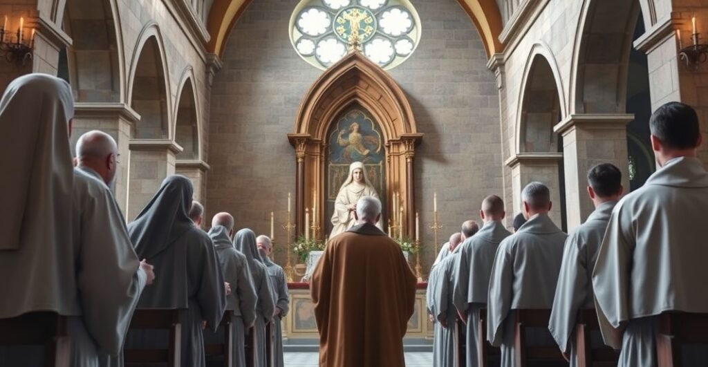 Tradycyjny katolicki klasztor z zakonnikami modlącymi się przed Najświętszym Sakramentem, wyrazem głębokiej pobożności i oporu wobec modernistycznych zagrożeń