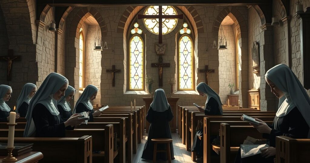 Zdjęcie realistyczne tradycyjnego katolickiego klasztoru w Szwecji z zakonnicami modlącymi się i pracującymi w duchu głębokiej religijności