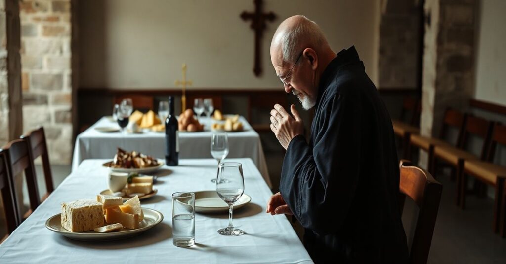 Sobótni posiłek w klasztorze przedstawiający prostotę z pokutą i pusty przepych nowoczesnych kleryków
