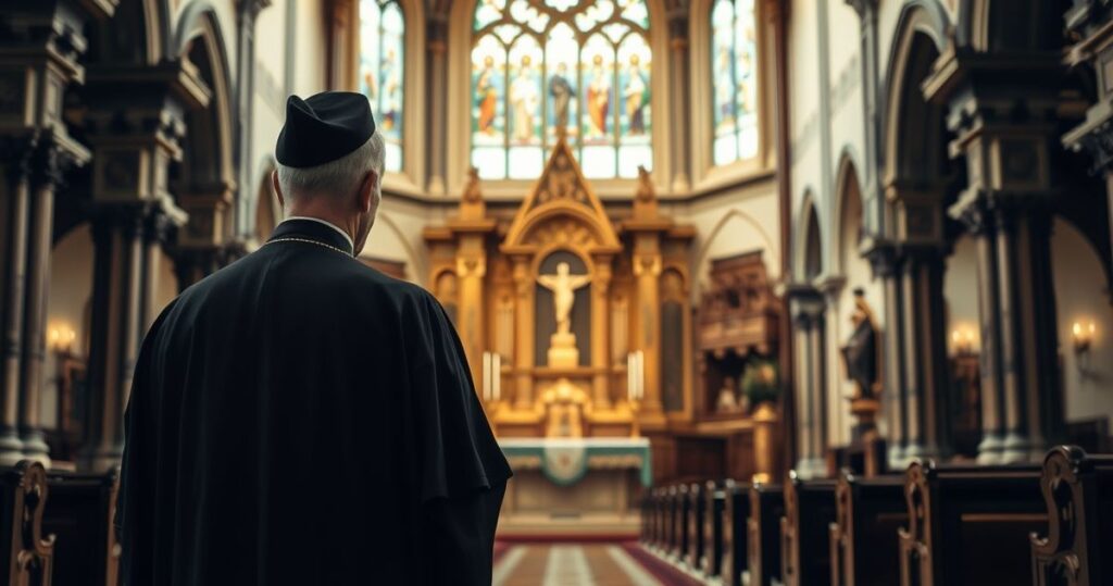 Klasztorny ksiądz w tradycyjnym stroju katolickim w modlitewnym skupieniu w zabytkowym kościele, symbolizujący duchową opiekę i krytykę wobec dyplomacji bez Chrystusa