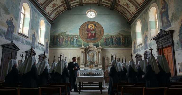 Zdjęcie przedstawiające opuszczony klasztor karmelitanek w Tarnowie z grupą modernistycznych 'sióstr' w towarzystwie biskupów Andrzej Jeż i Wiktor Skworc.