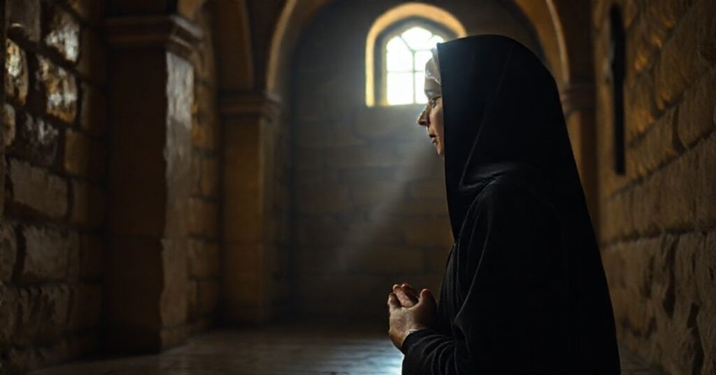Ciemna sala zakonna z murem klauzury i siostra zakonna w modlitwie