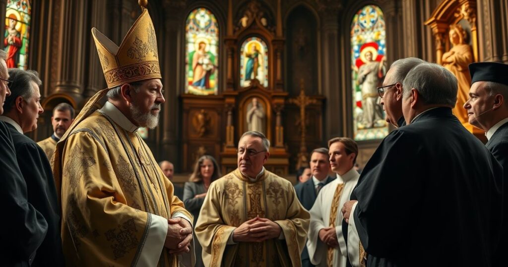 Klerzy katoliccy w modlitewnym skupieniu w tradycyjnym kościele, symbolizujący odrzucenie modernistycznej iluzji pokoju i kryzys duchowy w Kościele katolickim