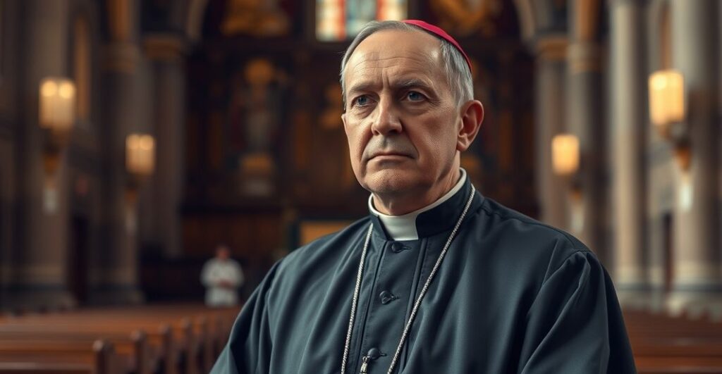 Kobieta w tradycyjnym stroju katolickim z poważnym wyrazem twarzy w świątyni, symbolizująca krytykę nowoczesnej polityki wobec religii
