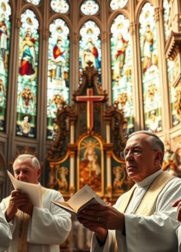 Kler katolicki w modlitwie w tradycyjnej świątyni - obraz wiernego Kościoła Klerzy katoliccy w modlitwie w tradycyjnej świątyni, wyraz głębokiej refleksji i powagi, oddający wierność i krytykę nowoczesnych trendów kościelnych