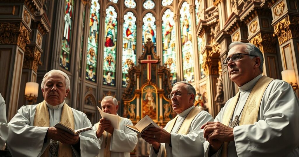 Klerzy katoliccy w modlitwie w tradycyjnej świątyni, wyraz głębokiej refleksji i powagi, oddający wierność i krytykę nowoczesnych trendów kościelnych