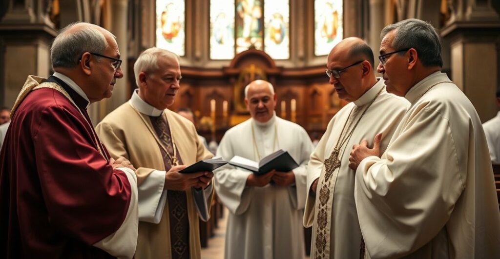 Klerk katolicki w tradycyjnych szatach podczas poważnej rozmowy w kościele, podkreślający autentyczną duchowość i odrzucenie modernistycznych trendów