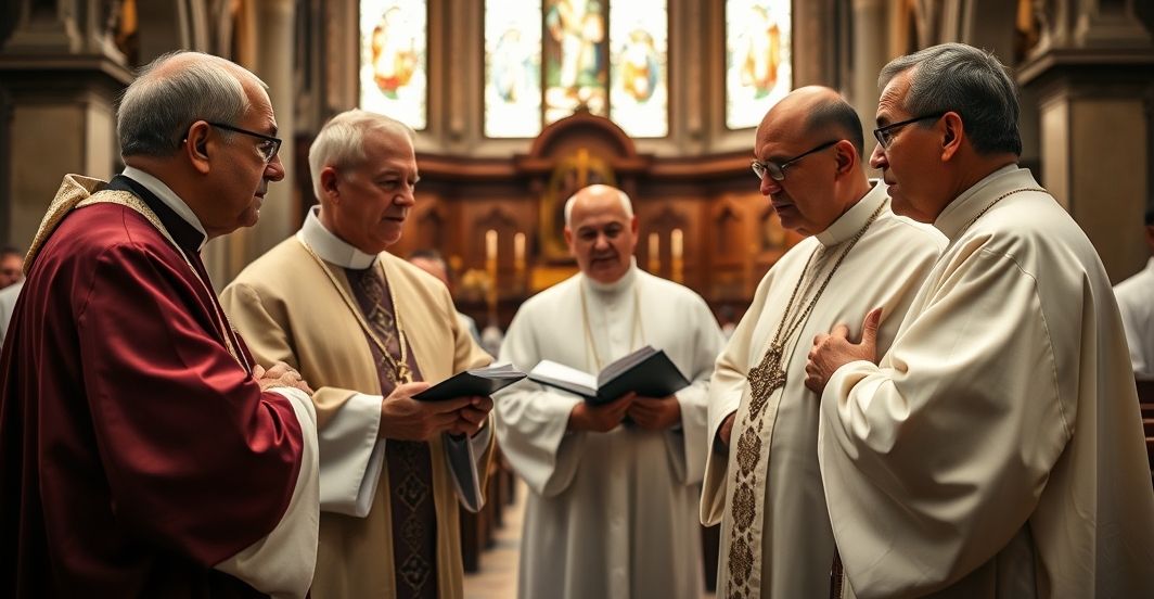 Klerk katolicki w tradycyjnych szatach podczas poważnej rozmowy w kościele, podkreślający autentyczną duchowość i odrzucenie modernistycznych trendów