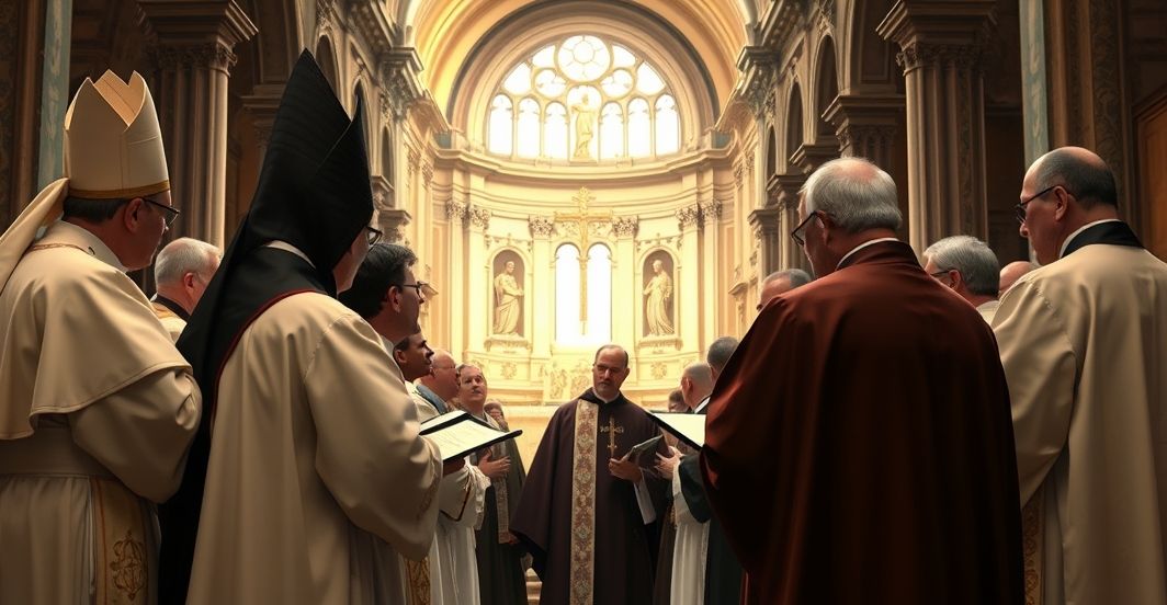 Księża w tradycyjnych szatach modlą się w świątyni, symbolizując odrzucenie modernistycznych iluzji i powrót do katolickiej prawdy o panowaniu Chrystusa Króla