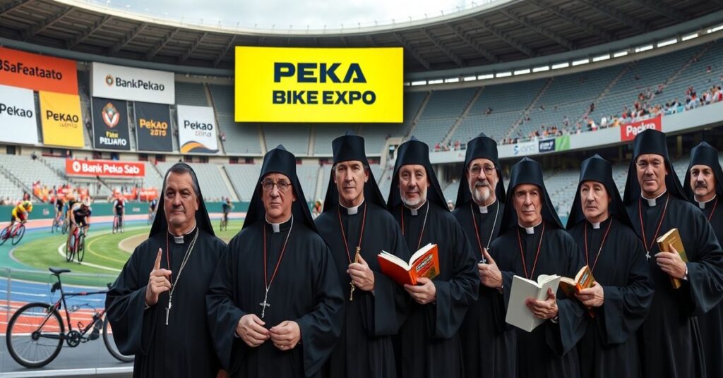 Grupa kleryków tradycyjnych w sutannach przed stadionem narodowym podczas PEKAO BIKE EXPO, wyrażając oburzanie nad sekularyzacją Kościoła.