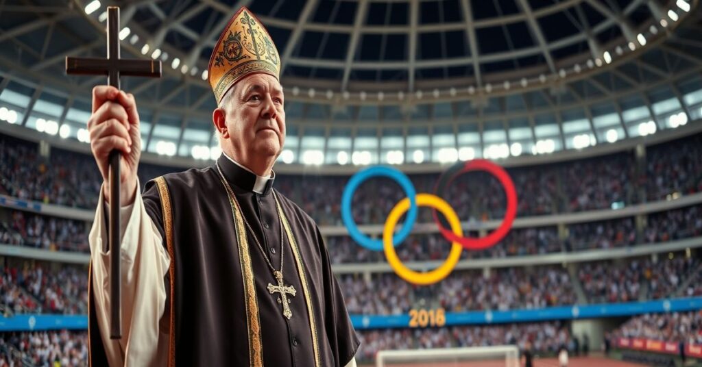 Kleryk w tradycyjnym habitacie stoi w stadionie olimpijskim pełnym pogańskich symboli, trzymając krzyż i wyrażając smutek.