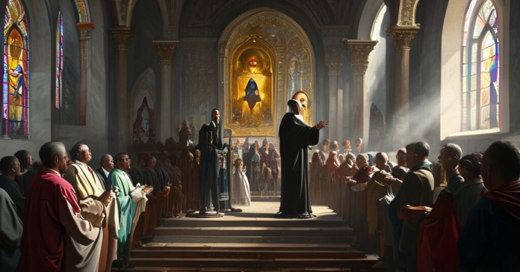 Wnętrze tradycyjnego kościoła katolickiego z ołtarzem i klerykiem w szatach liturgicznych przemawiającym do zgromadzenia. Scena jest oświetlona naturalnym światłem przenikającym przez witraże przedstawiające sceny z Chrystusa Króla.