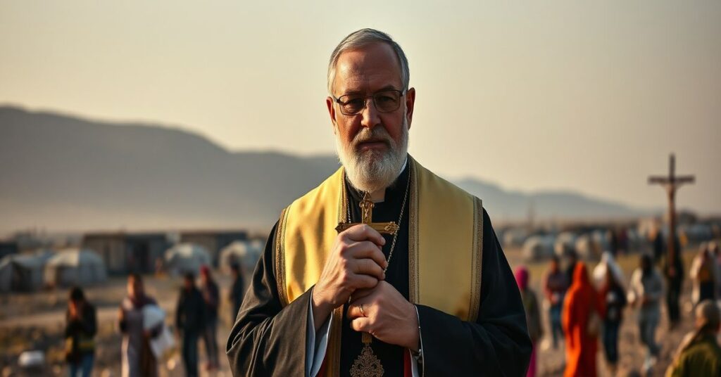 Kleryk w tradycyjnych szatach katolickich stoi przed ruinami Bliskiego Wschodu, trzymający krzyż przy uciekających uchodźcach i namiotach pomocy humanitarnej