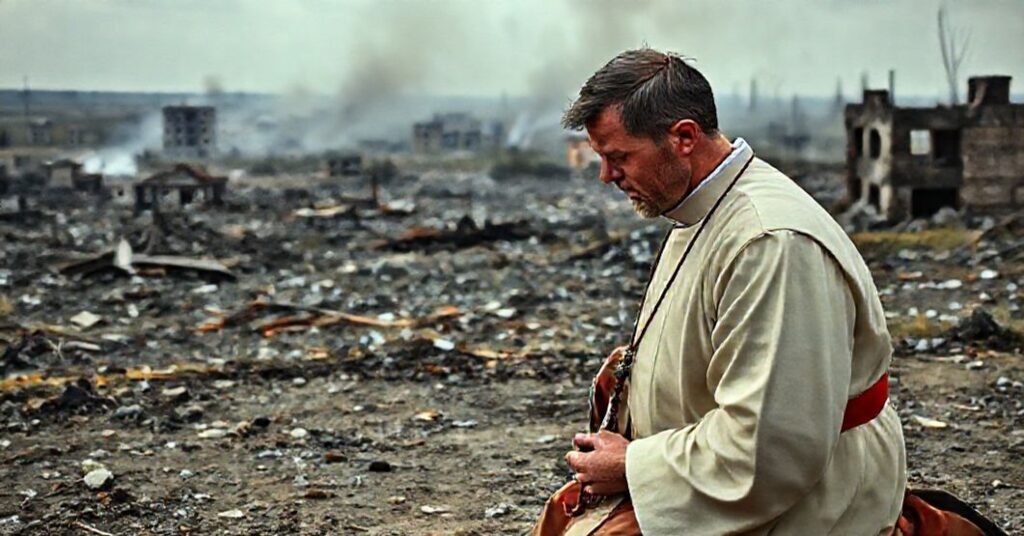 Kleryk w tradycyjnych szatach modli się przed wojennym krajobrazem w Pokrowsku na Ukrainie.