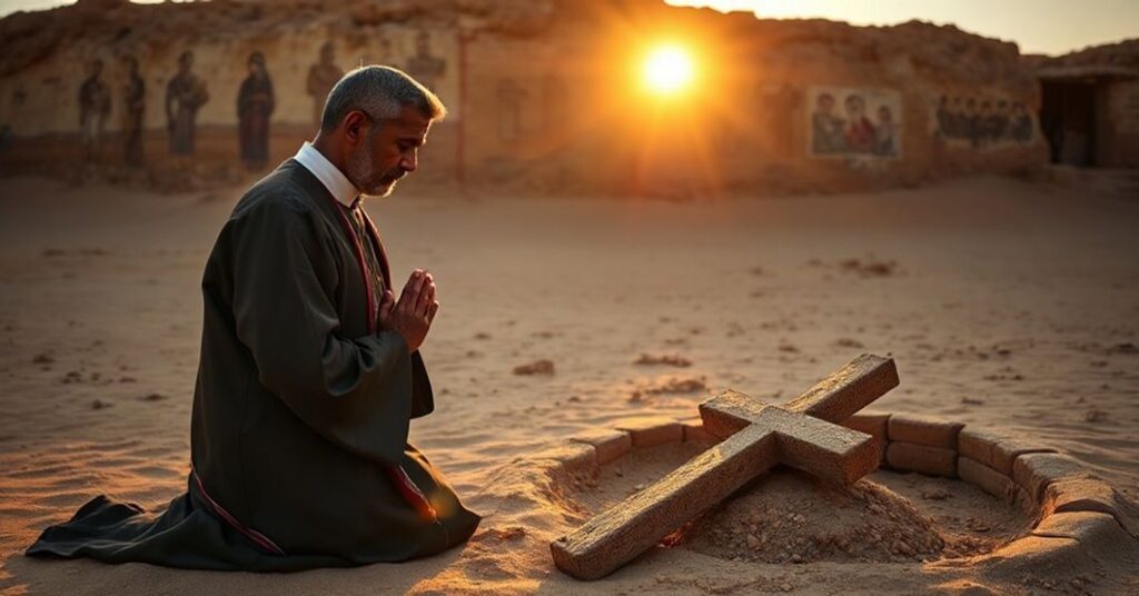 Kleryk tradycyjnie ubrany w habit modli się przed starym krzyżem chrześcijańskim w pustynnych piaskach Cyreny w Libii.