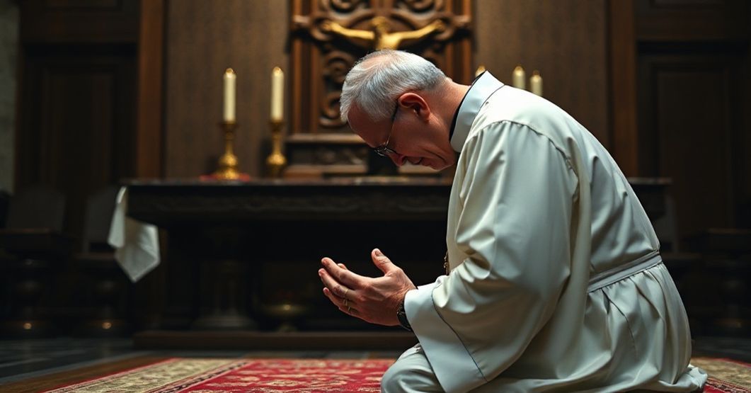 Kleryk modli się przed ołtarzem w tradycyjnym kościele katolickim, symbolizując wiarę i odporność wobec prześladowań.