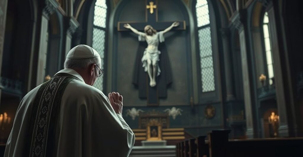 Kleryk modlący się w świątyni przy krzyżu, refleksja nad duchowymi korzeniami i prawdą katolicką