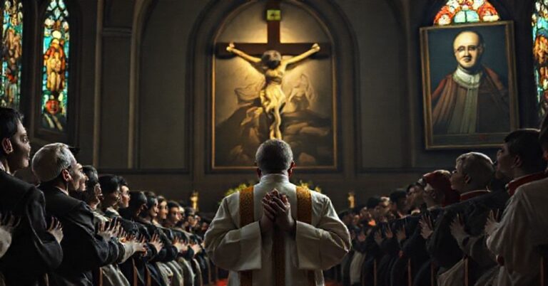 Kleryk modli się w tradycyjnych szatach przed krucyfiksem z obrazami prześladowanych katolików białoruskich na tle witraży przedstawiających męczeństwo
