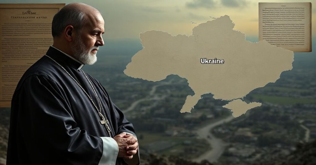 Kleryk w tradycyjnych szatach stoi przed zniszczonym krajobrazem Ukrainy, trzymając krzyż i patrząd z rozczarowaniem na mapę Ukrainy z zaznaczonym obwodem donieckim. Ciepłe światło podkreśla jego wyraz moralnego przekonania wobec niesprawiedliwości.