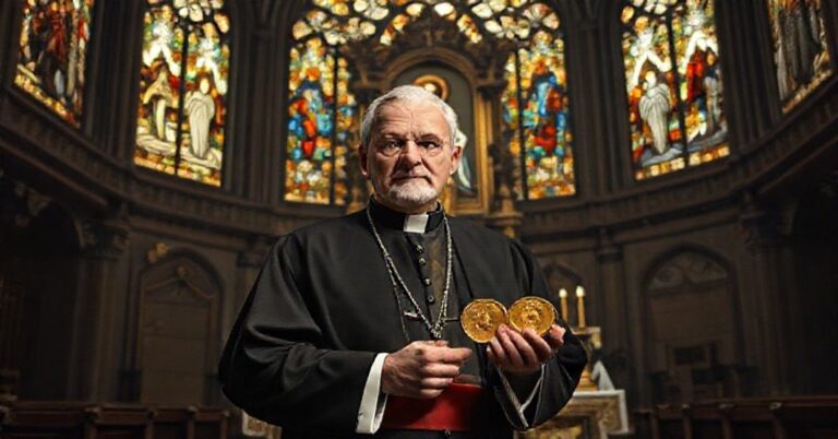 Kleryk przed ołtarzem z wizerunkiem Chrystusa Króla trzymający monetę złota. Tło: wnętrze katedry z witrażami przedstawiającymi ekonomiczną wymawtanie i nowoczesną architekturę.