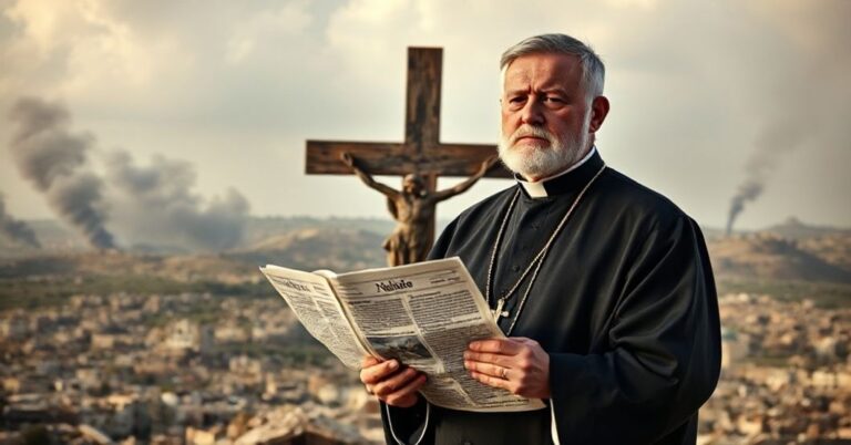 Kleryk w tradycyjnych szatach liturgicznych, przed krzyżem potępia neutralny raport o wymianie więźniów Hamas-Izrael. Tło przedstawia zniszczone krajobrazy i dym.