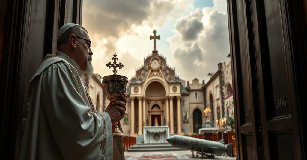 Kleryk w tradycyjnym stroju liturgicznym stoi przed uszkodzoną fasadą Bazyliki Grobu Świętego w Jerozolimie, trzymając monstrancję z Najświętszym Sakramentem.