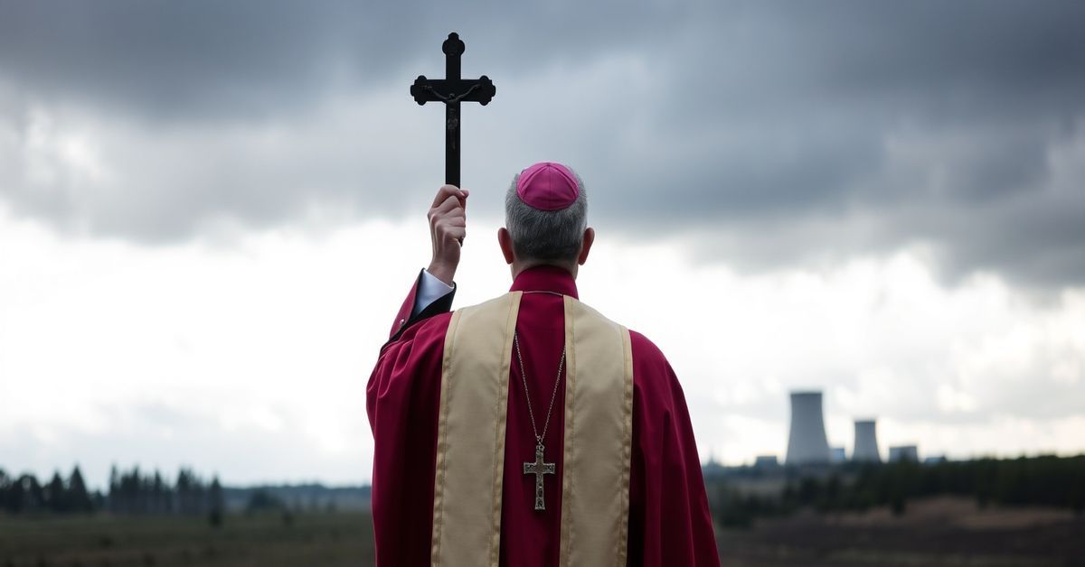 Kleryk katolicki w tradycyjnych szatach modli się przed krajobrazem Finlandii z dalniczym sezonem jądrowym w tle