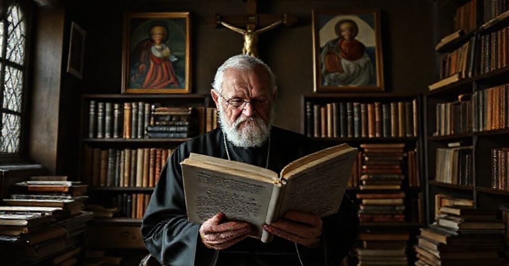 Stary ksiądz siedzi w ciemnym pokoju pełnym ksiąg religijnych i przekonuje o niebezpieczeństwach modernizmu w duchowości.