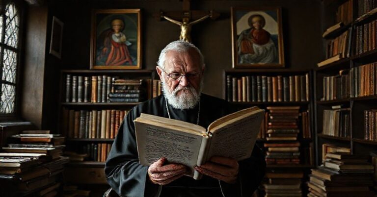 Stary ksiądz siedzi w ciemnym pokoju pełnym ksiąg religijnych i przekonuje o niebezpieczeństwach modernizmu w duchowości.