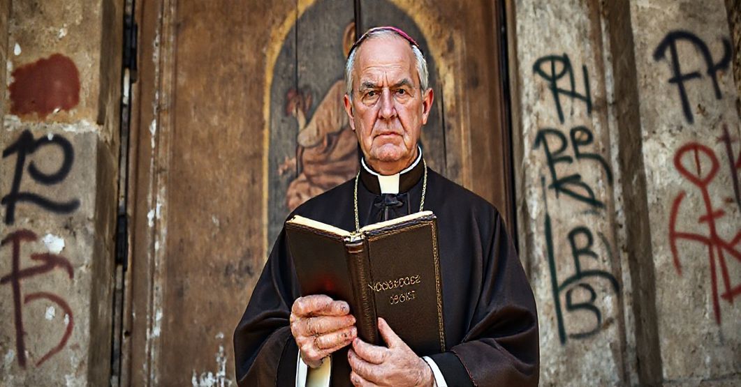 Ksiądz w tradycyjnych szatach kościelnych stoi przed starym kościołem trzymając książkę o tytule 'Nostra aetate', na tle starożytnych fresków i współczesnych graffiti religijnego synkretyzmu.