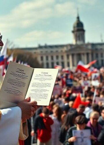 Kleryk w Czechach: Wołanie o Zapanowanie Chrystusa Kleryk w tradycyjnych szatach stojący przed chaosem politycznym w Czechach, trzymając kopię encykliki 'Quas Primas', symbolizując brak chrześcijańskiego rządów.