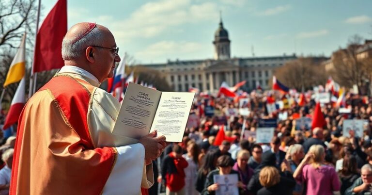 Kleryk w tradycyjnych szatach stojący przed chaosem politycznym w Czechach, trzymając kopię encykliki 'Quas Primas', symbolizując brak chrześcijańskiego rządów.