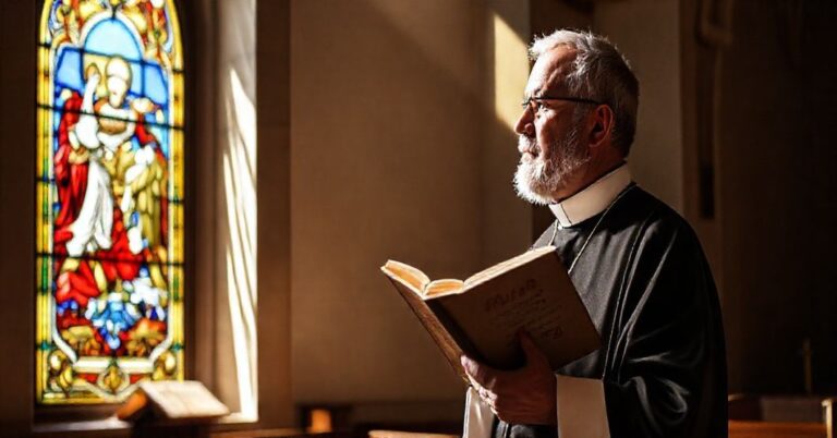 Kleryk w tradycyjnych szatach liturgicznych trzymający Summę Teologiczną przed oknem z wielobarwnymi witrażami przedstawiającymi Sąd Ostateczny.