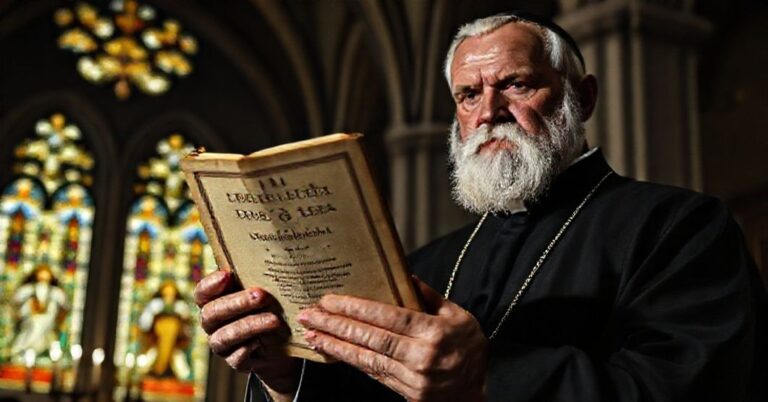 Ciemny obraz przedstawiający tradycyjnego kleryka trzymającego heretycką książkę "Siła Ewangelii" antypapieża Leona XIV w kościele z witrażami ukazującymi Trójcę Świętą