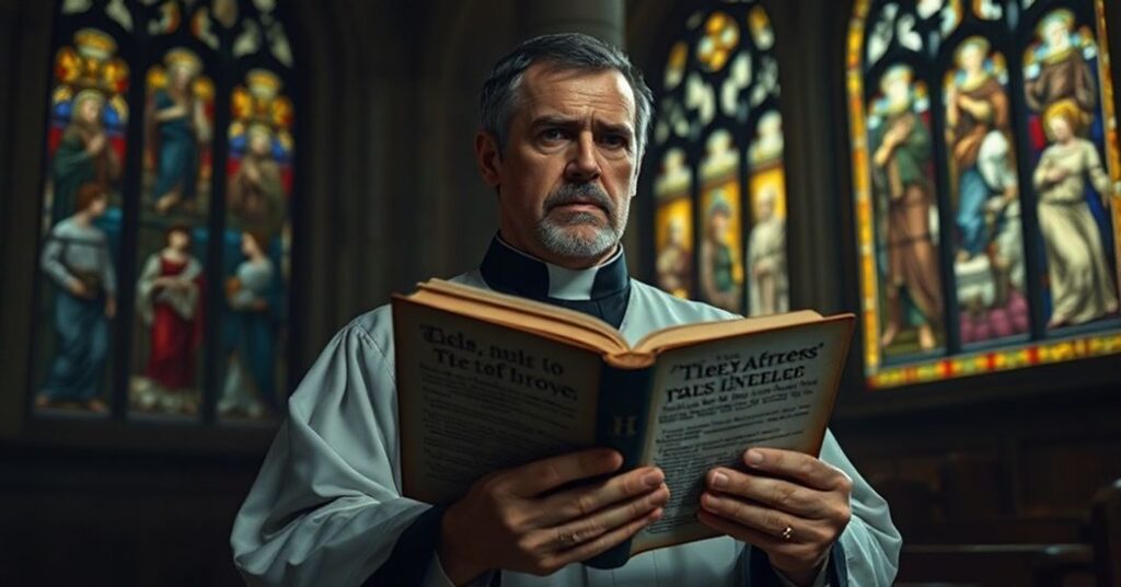 Kleryk trzymający książkę w ciemnym kościele ze witrażami przedstawiającymi Sodomę i Gomorę.