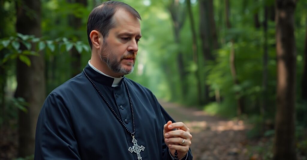 Człowiek w tradycyjnym ubiorze katolickim stoi w lesie, trzymając różaniec i patrząc na kleszcza na swojej odzieży. Scena podkreśla brak duchowego wymiaru w nowoczesnych mediach katolickich.
