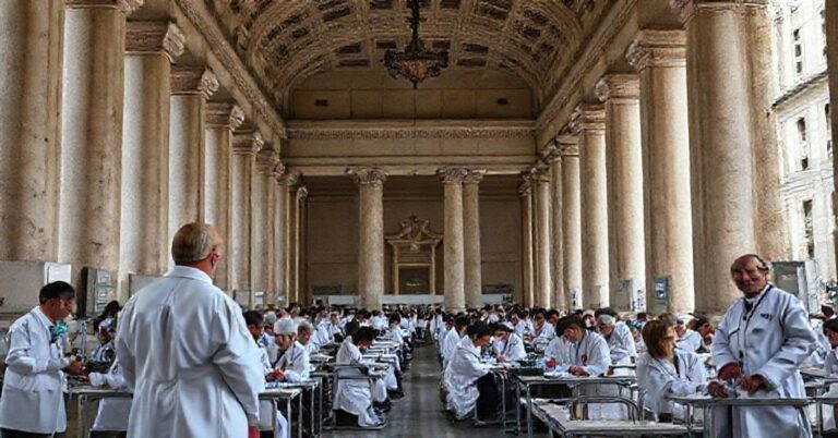 Uroczysty widok pod kolumnadą Berniniego na placu św. Piotra przedstawiający nowoczesną klinikę medyczną działającą pod barokową architekturą. Klinika jest pełna aktywności, ale brak w niej jakichkolwiek elementów sakramentalnych lub symboli religijnych. Lekarze w białych płaszczach opiekują się pacjentami podczas gdy „Papież” Leon XIV i „Kardynał” Konrad Krajewski obserwują z tła, ich miny pozbawione są nabożeństwa. Scena podkreśla kontrast między przestronnym miejscem sakralnym a sekularyzowaną „miłością bliźniego” poniżej, symbolizując redukcję duchowości do materializmu.